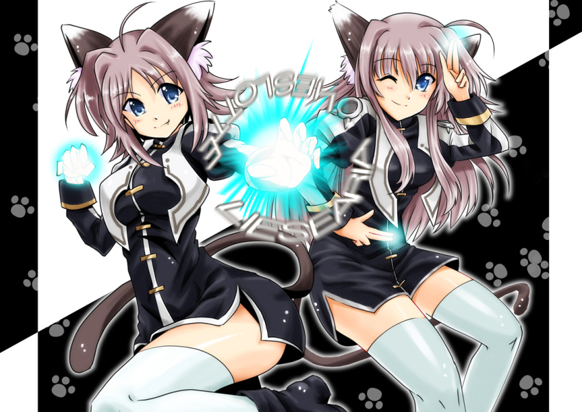 2girls, animal_ears, blue_eyes, blush, boots, brown_hair, cat_ears, cat_girl