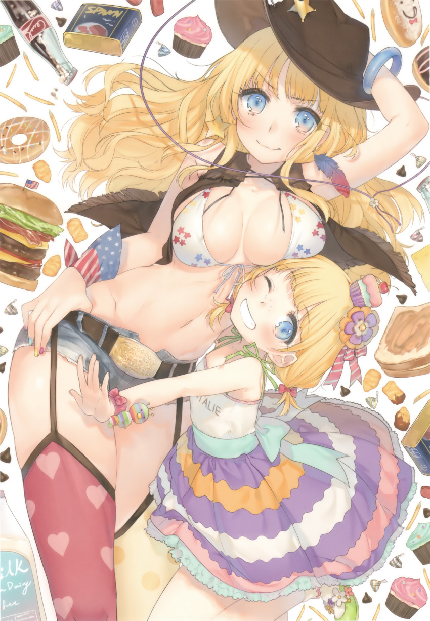 2girls, absurdres, bangle, bare_shoulders, bekki_natsumi, belt, bikini_top, blonde_hair