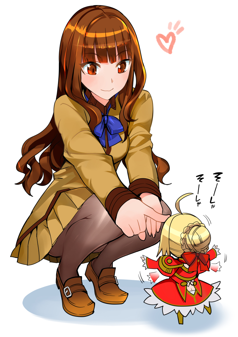 2girls, ahoge, blonde_hair, blush, brown_eyes, brown_hair, fate/extra, fate/extra_ccc