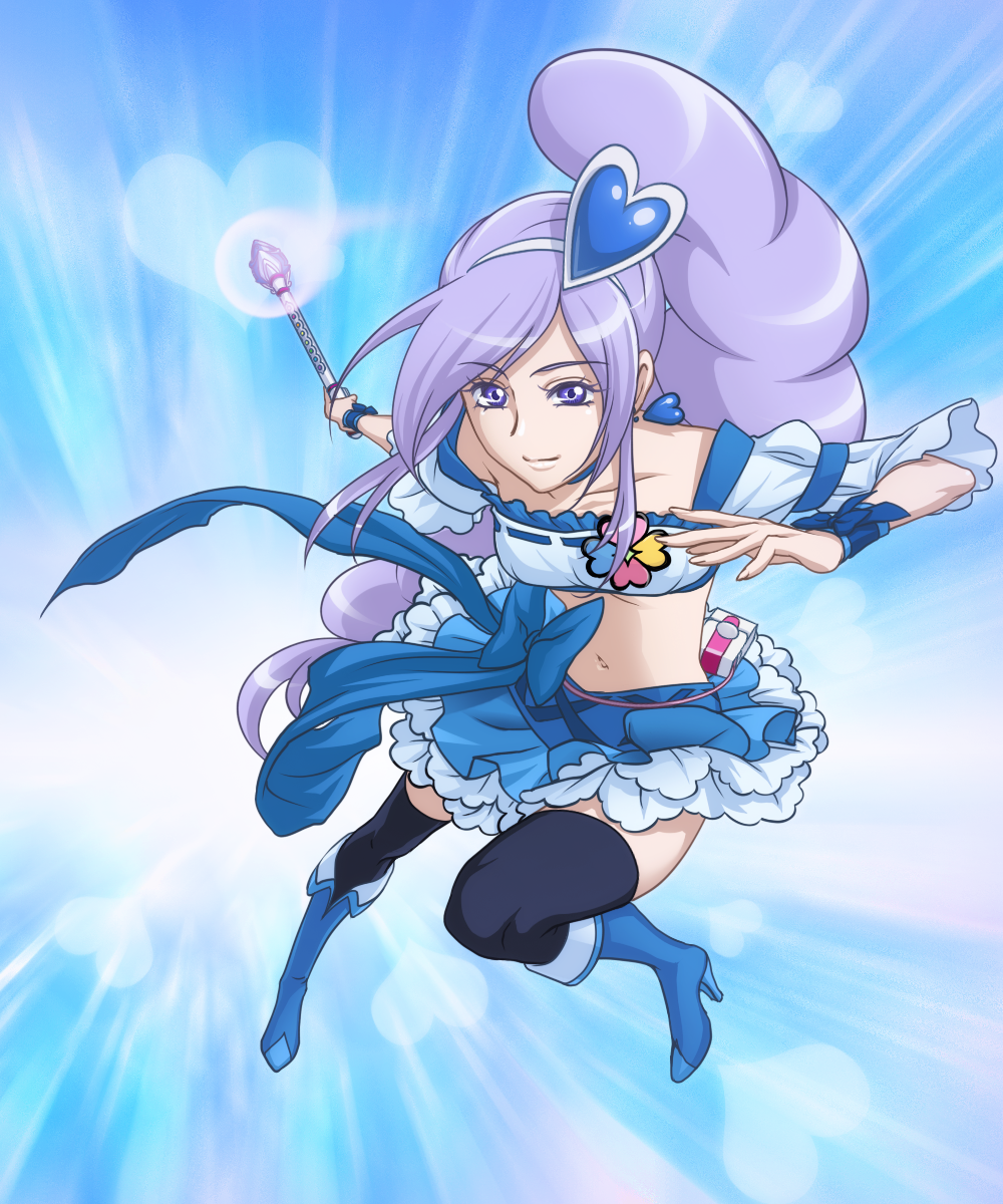 1girl, aono_miki, berry_sword, black_legwear, blue_background, blue_legwear, blue_skirt, boots, choker, cure_berry, drill_hair, earrings, eyelashes, fresh_precure!, frilled_skirt, frills, gradient, gradient_background, hair_ornament, hairband, happy, heart, heart_hair_ornament, high_heels, highres, jewelry, knee_boots, long_hair, looking_at_viewer, magical_girl, midriff, navel, ponytail, precure, purple_hair, ribbon, say_(sakabin), shirt, side_ponytail, skirt, smile, solo, thigh-highs, thighs, very_long_hair, violet_eyes, wrist_cuffs, zettai_ryouiki