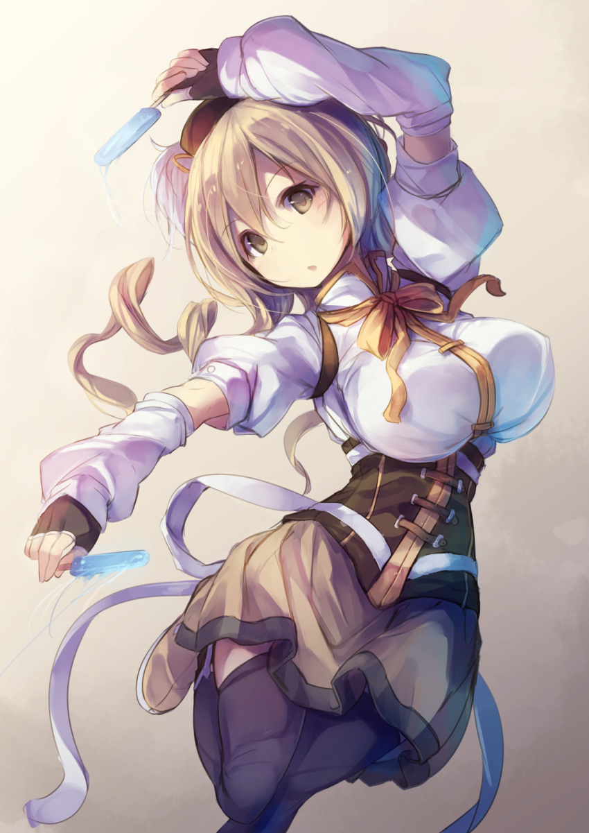 1girl, beret, blonde_hair, breasts, brown_legwear, corset, detached_sleeves, drill_hair, dual_wielding, fal_maro, fingerless_gloves, gloves, gun, hair_ornament, hairpin, hat, highres, large_breasts, magical_girl, magical_musket, mahou_shoujo_madoka_magica, pleated_skirt, popsicle, puffy_sleeves, skirt, striped, tiro_finale, tomoe_mami, twin_drills, weapon, yellow_eyes