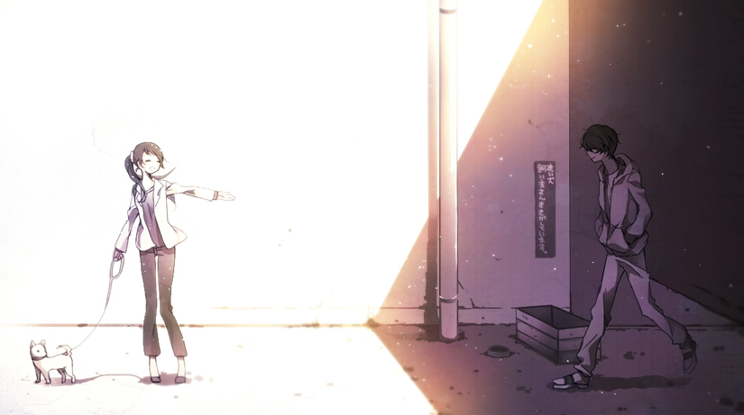 1boy, 1girl, dog, hoodie, kou_(01310808), leash, long_hair, monochrome