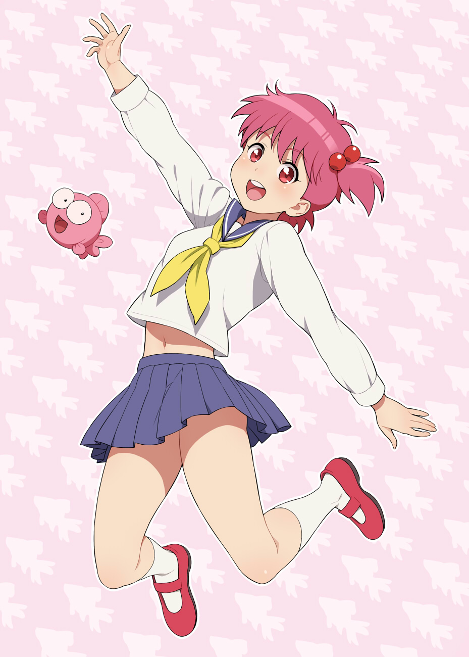 1girl, :d, arm_up, blue_skirt, fish, goldfish, gyopi, hair_bobbles