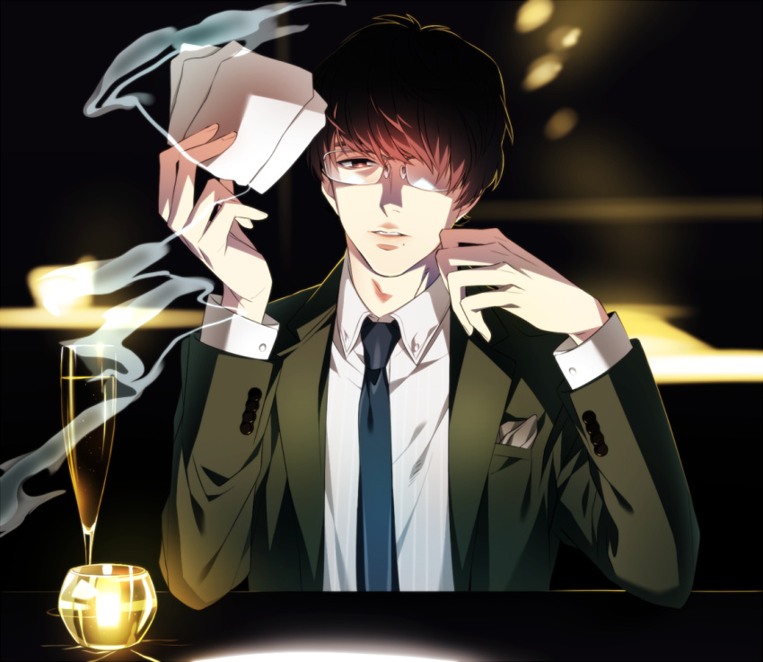1boy, brown_hair, formal, glass, glasses, mozu, mtktc, necktie