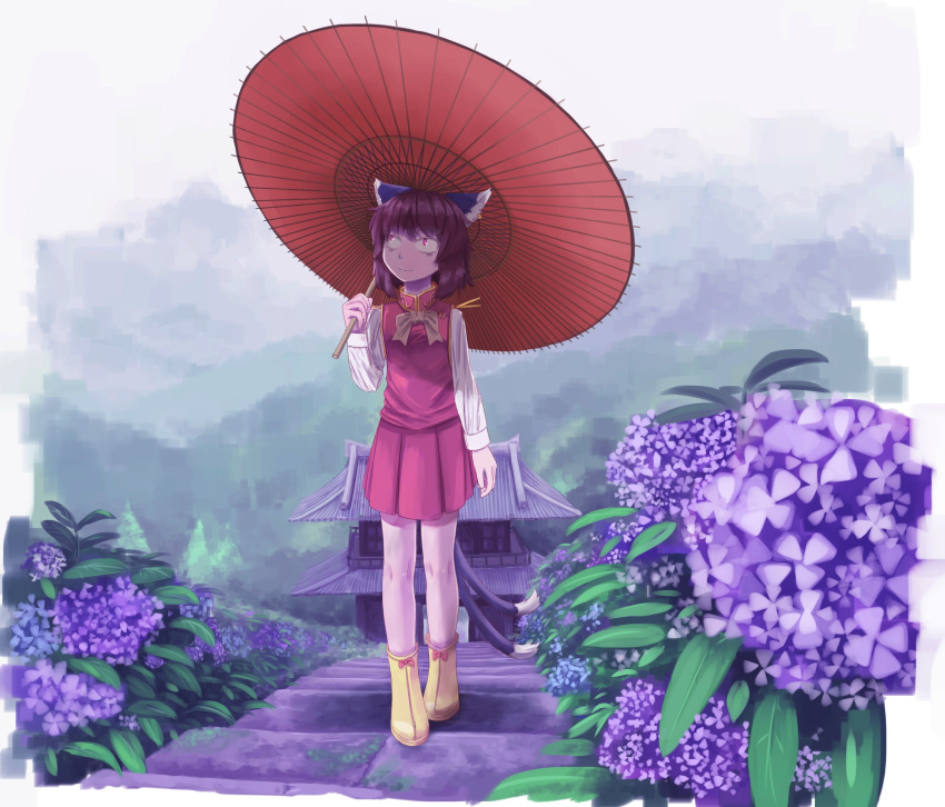 absurdres, chen, flower, highres, kabu_(yuyuibob), no_hat, oriental_umbrella, smile