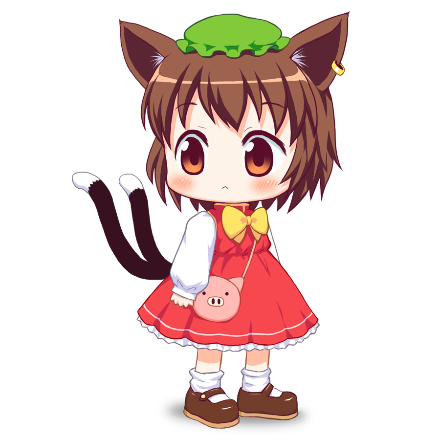 1girl, :<, animal_ears, bag, bebelona, bow, brown_eyes, brown_hair