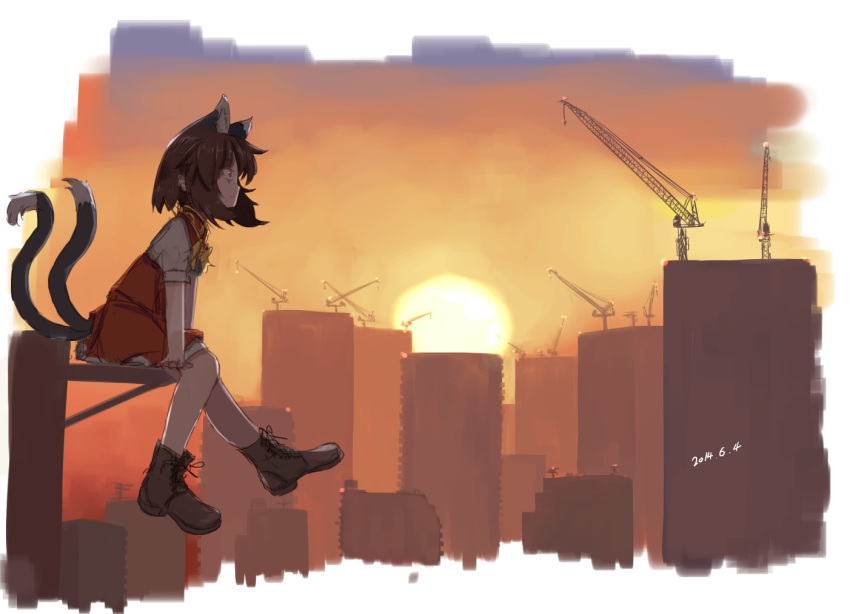 chen, crane, kabu_(yuyuibob), no_hat, sitting, solo, sunset, touhou