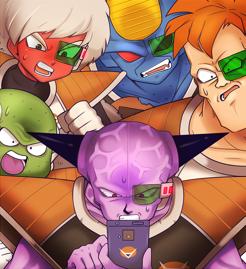 5boys, armor, blue_skin, brown_eyes, burter, captain_ginyu, cellphone, dragon_ball