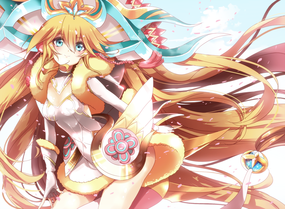 1girl, aqua_eyes, blonde_hair, emam_0201, gloves, hair_ornament, long_hair, puzzle_&amp;_dragons