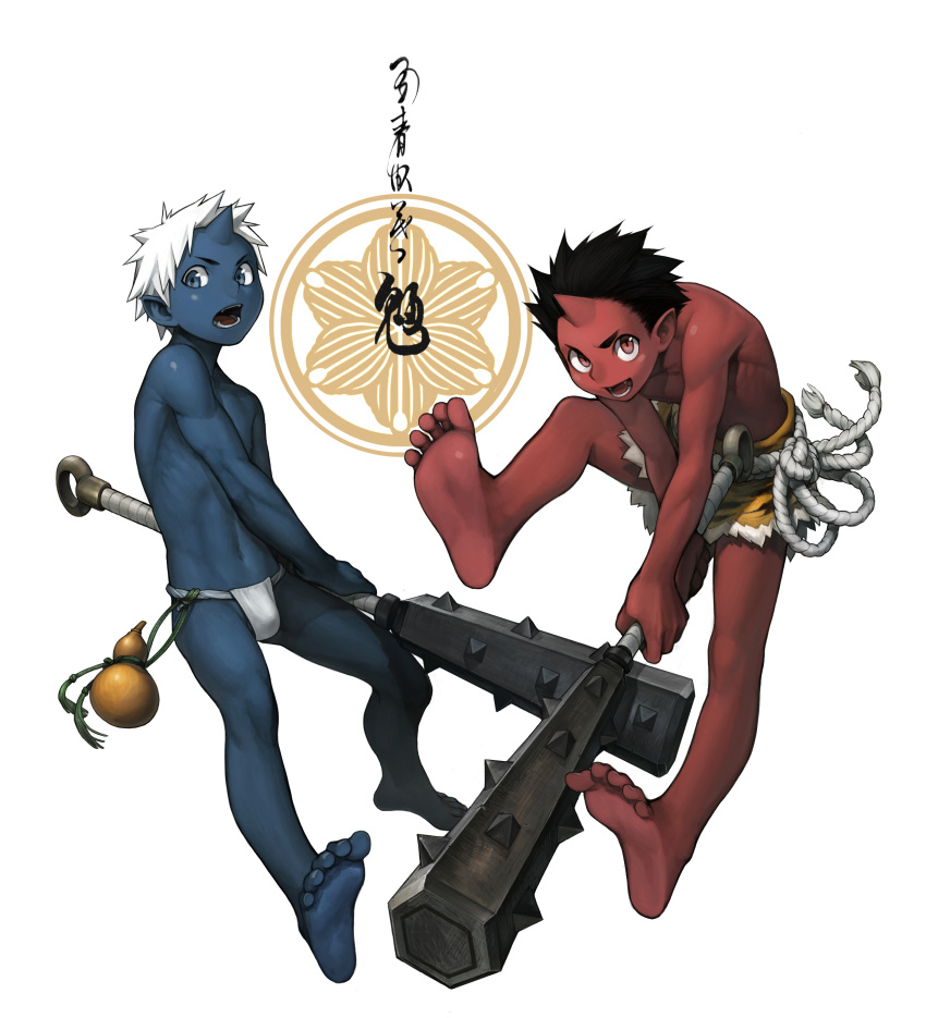2boys, absurdres, barefoot, black_hair, blockun, blue_eyes, blue_skin, fundoshi, gourd, highres, horn, multiple_boys, open_mouth, original, pointy_ears, red_eyes, red_skin, simple_background, tiger_print, translation_request, weapon, white_background, white_hair