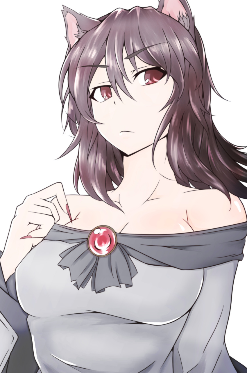 1girl, :<, absurdres, animal_ears, bare_shoulders, breasts, brown_hair, cleavage