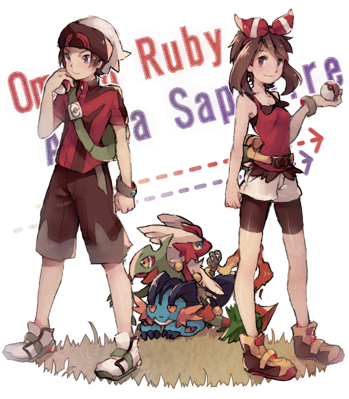 1boy, 1girl, backpack, bag, bike_shorts, blaziken, blue_eyes, brown_hair, copyright_name, directional_arrow, fanny_pack, hair_ribbon, haruka_(pokemon), haruka_(pokemon)_(remake), hat, holding, holding_poke_ball, poke_ball, pokemon, pokemon_(creature), pokemon_(game), pokemon_oras, ribbon, sceptile, sleeveless, sleeveless_shirt, smile, swampert, syerii, wristband, yuuki_(pokemon), yuuki_(pokemon)_(remake)