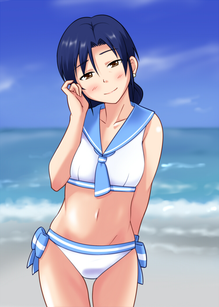 1girl, arm_behind_back, beach, black_hair, brown_eyes, earrings, head_tilt, idolmaster
