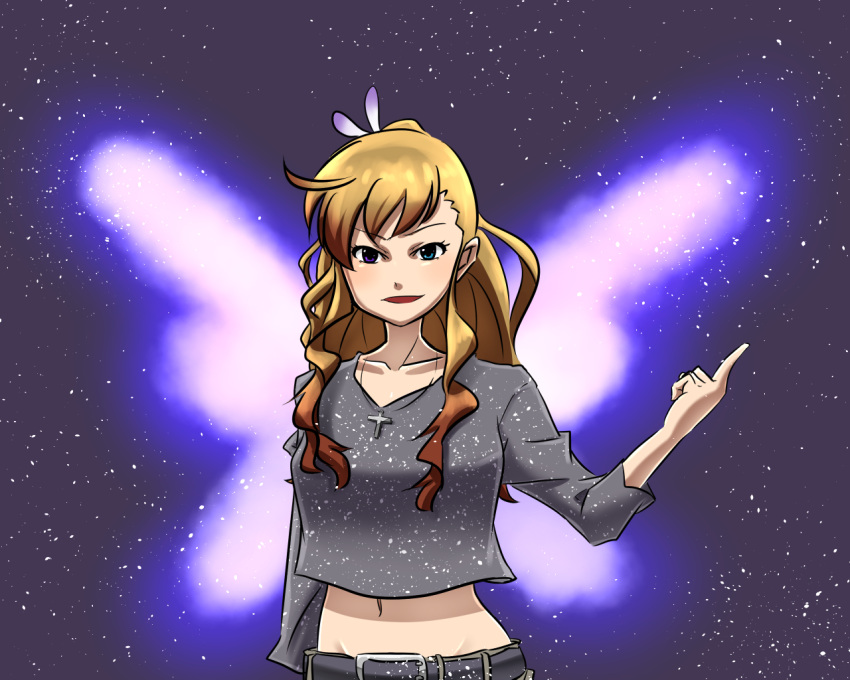 1girl, ahoge, breasts, brown_hair, crop_top, crop_top_overhang, cross, cross_necklace