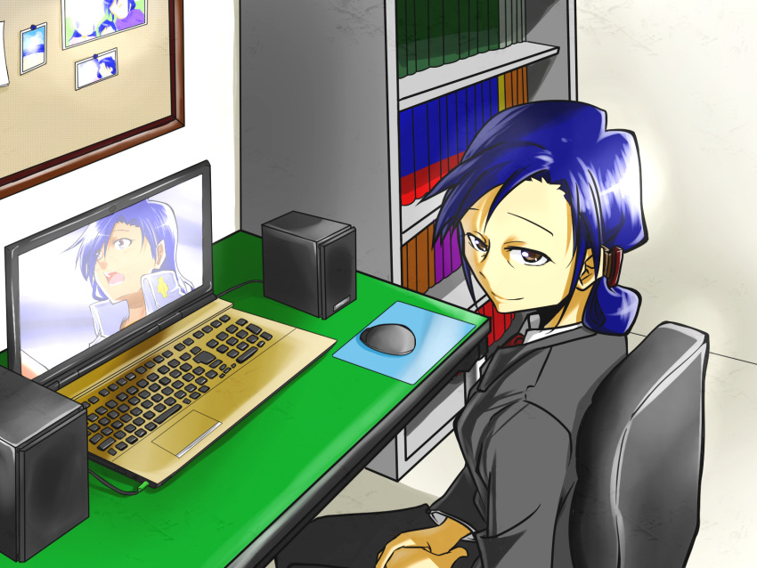 1girl, blue_hair, business_suit, cameo, computer, folded_ponytail, highres, idolmaster