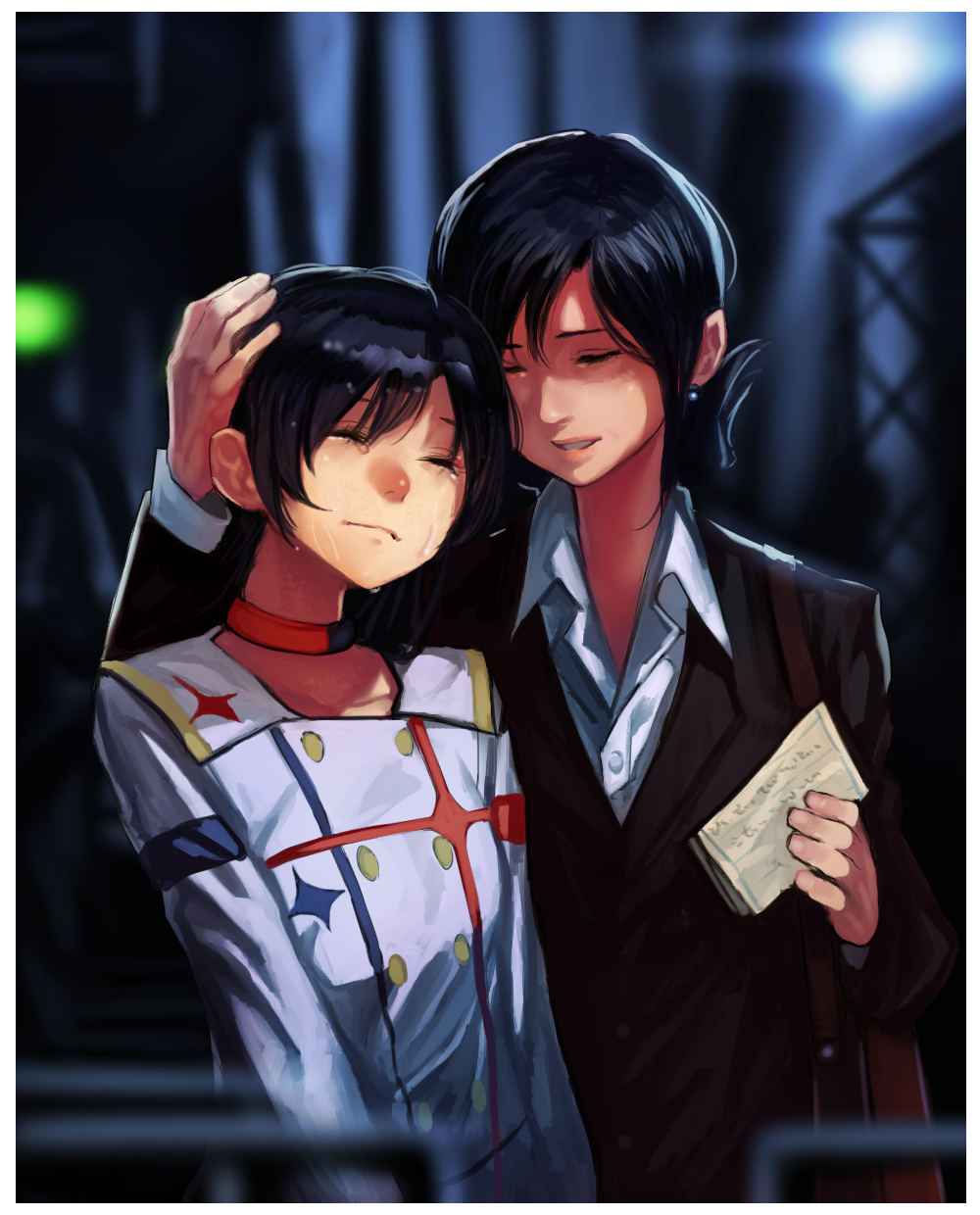 2girls, black_hair, bukimi_isan, business_suit, choker, flat_chest, highres, hug