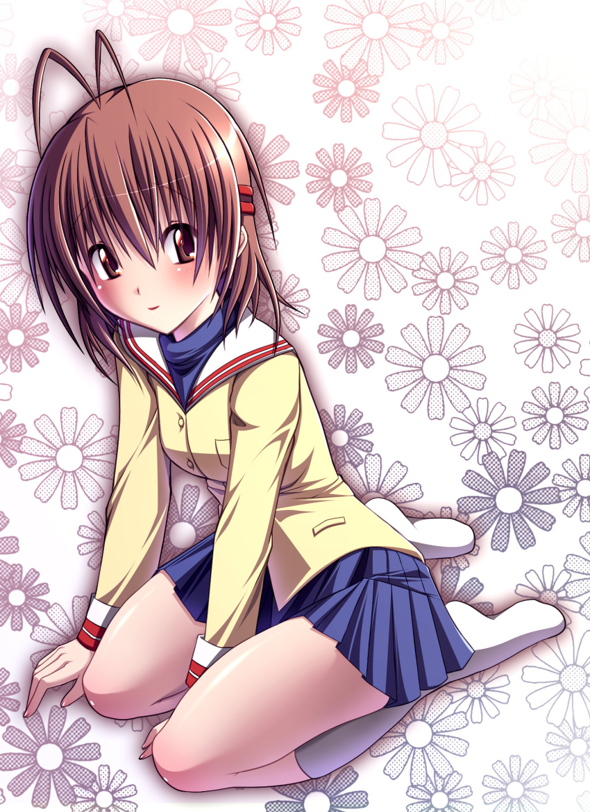 brown_eyes, brown_hair, clannad, furukawa_nagisa, highres, kneeling, school_uniform, shin_(applique)