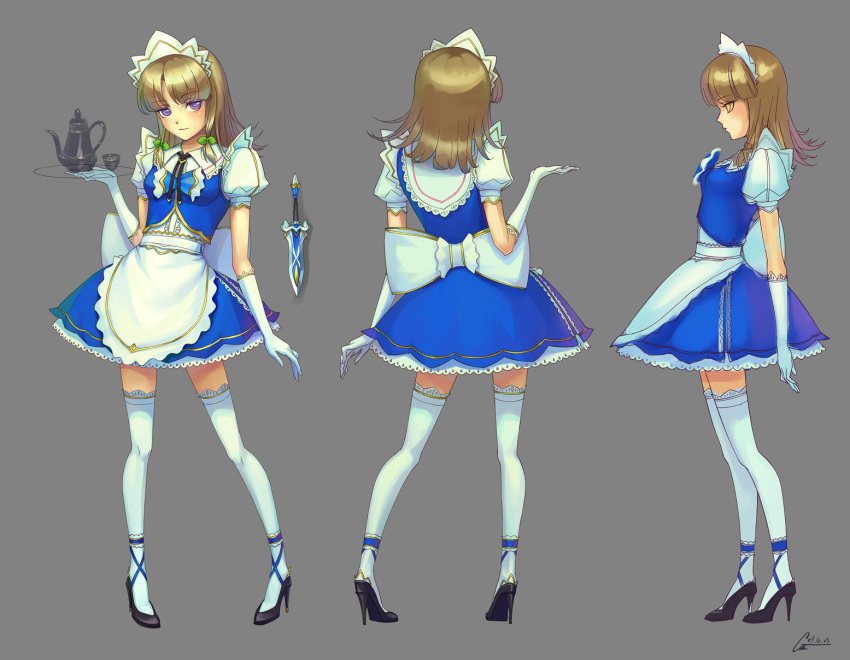 apron, blonde_hair, brown_hair, gloves, hairband, highres, izayoi_sakuya, knife