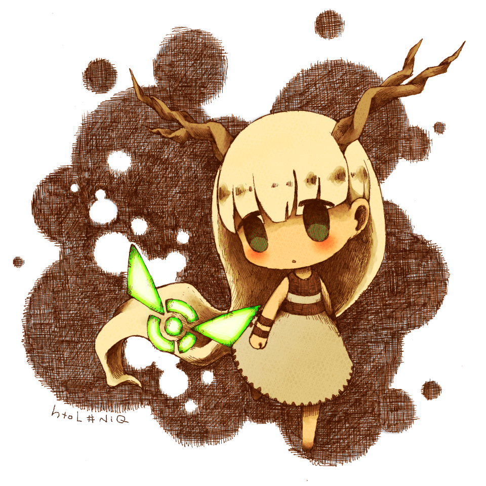 1girl, antlers, chibi, green_eyes, hotaru_(htol#niq), htol#niq:_hotaru_no_nikki, long_hair, mion_(htol#niq)