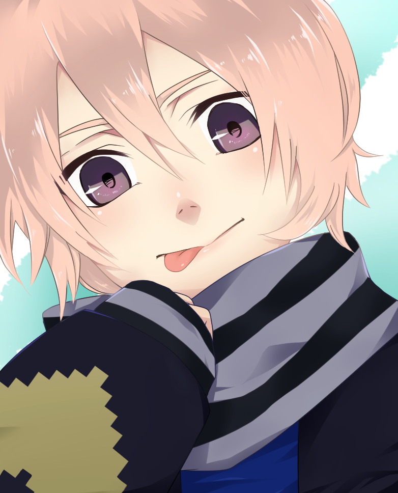 1boy, :>, male, mikado_nagi, pink_hair, scarf, short_hair, smile