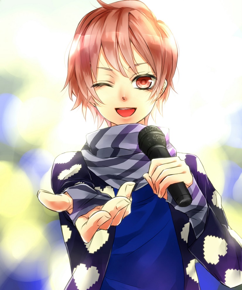 1boy, fingerless_gloves, gloves, jacket, male, microphone, mikado_nagi, one_eye_closed