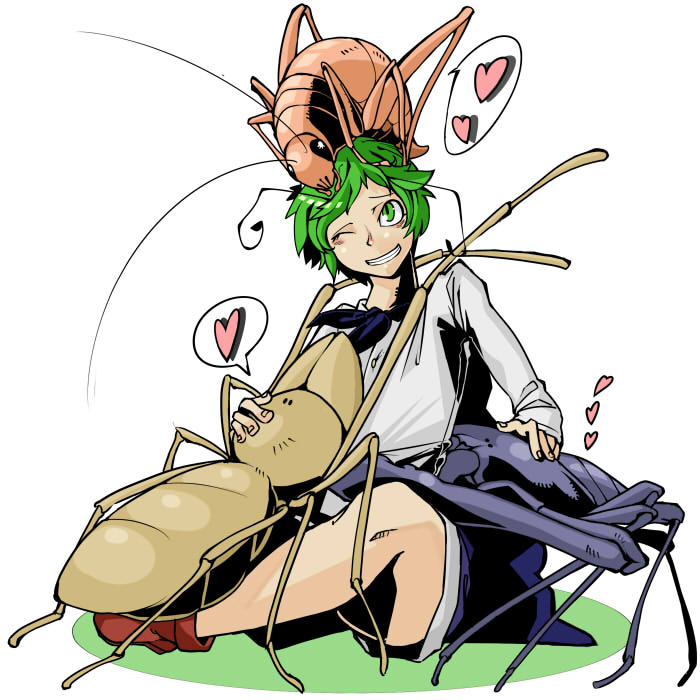 1girl, ant, bug, cape, cricket, green_eyes, green_hair, heart, petting, sitting, toriburi, touhou, wriggle_nightbug