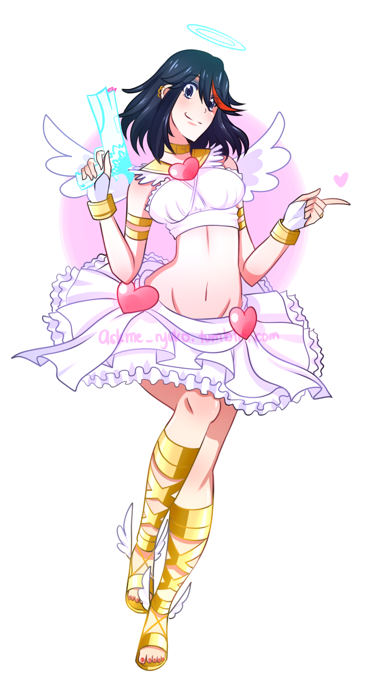 1girl, angel_wings, ankle_wings, black_hair, blue_eyes, breasts, collar, cosplay