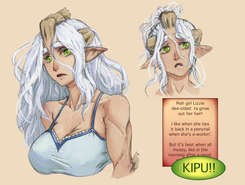 1girl, breasts, bust, camisole, dark_skin, endless_library, english, eyebrows, green_eyes, horns, large_breasts, lips, lizhp, long_hair, monster_girl, muscle, original, pointy_ears, simple_background, spaghetti_strap, thick_eyebrows, whistle_frog