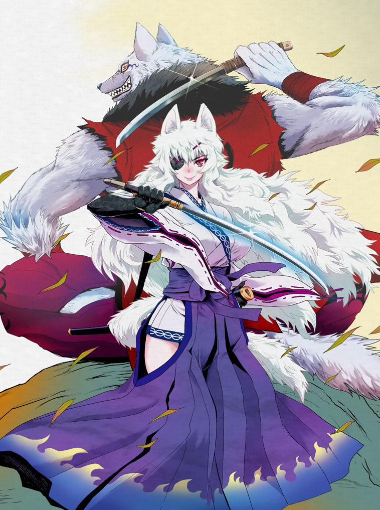 1girl, animal_ears, back-to-back, cover_image, eyepatch, gachirin_ni_kiri_saku, gloves, japanese_clothes