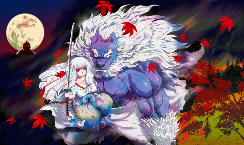 1girl, blood, blue_eyes, cover_image, full_moon, gachirin_ni_kiri_saku, glowing, glowing_eyes