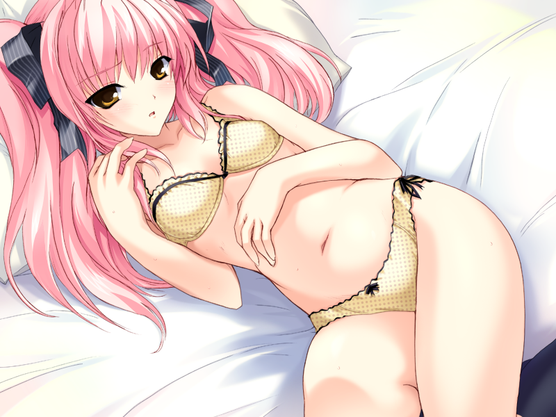 1girl, :o, bed_sheet, breasts, choukou_sennin_haruka, game_cg, hair_ribbon, looking_at_viewer, lying, navel, on_back, on_bed, onigirikun, panties, pillow, pink_hair, polka_dot, polka_dot_panties, ribbon, shihoudou_narika, socks, solo, twintails, underwear, underwear_only, yellow_eyes, yellow_panties