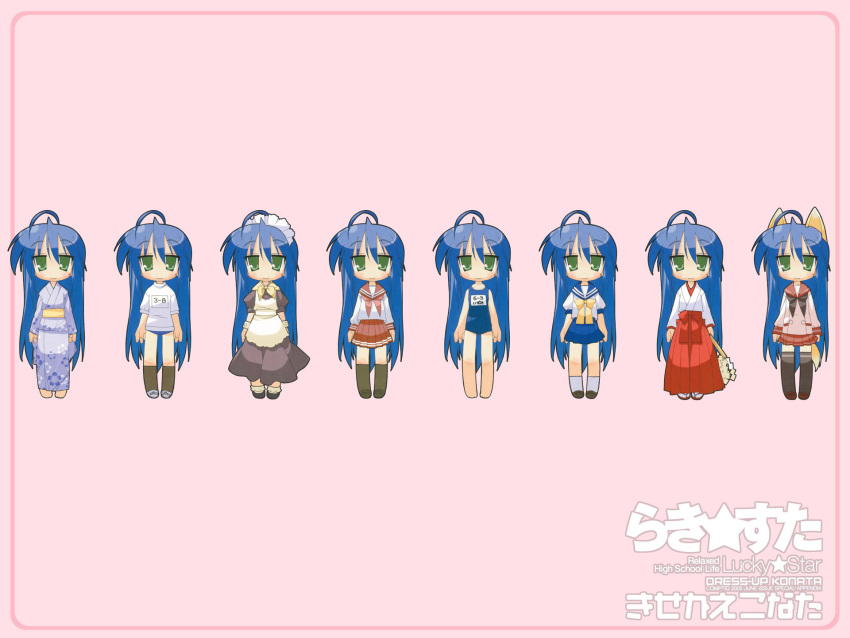 ahoge, apron, blue_hair, bow, cuffs, dress, green_eyes, izumi_konata