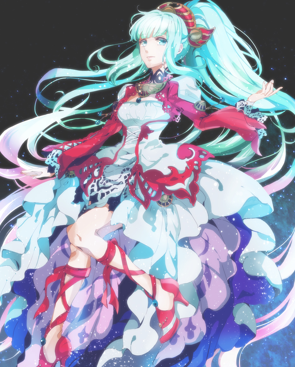 aqua_eyes, aqua_hair, dress, glowing, glowing_hair, hair_ornament, hara_hikaru, high_heels