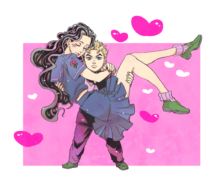 1boy, 1girl, black_hair, blonde_hair, carrying, gakuran, hetero, hirose_kouichi