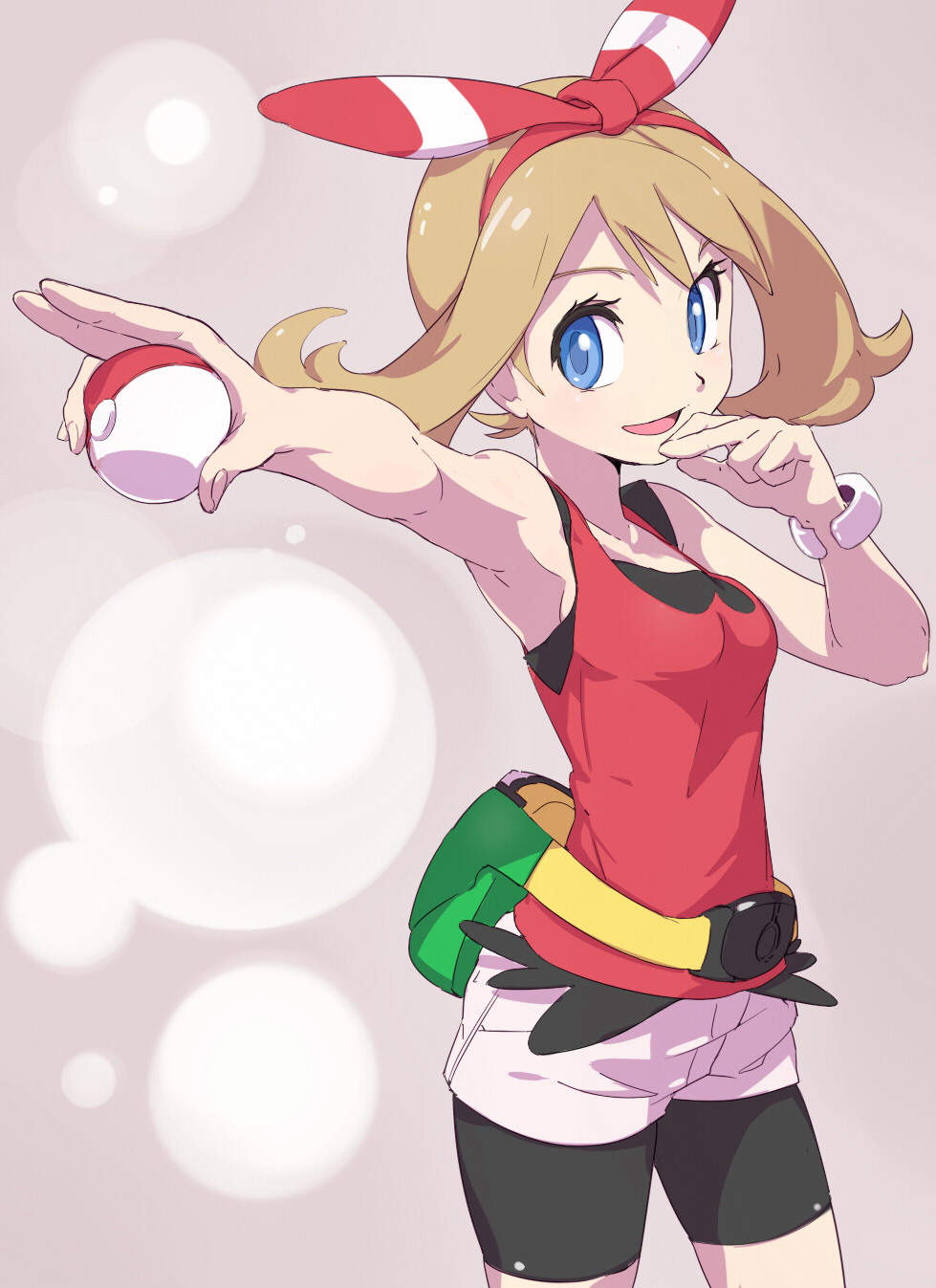1girl, bare_shoulders, blue_eyes, bow, breasts, brown_hair, fanny_pack, hair_bow, hairband, haruka_(pokemon), highres, nanjin, pointing, poke_ball, pokemon, pokemon_(game), pokemon_oras, short_hair, shorts, smile, solo