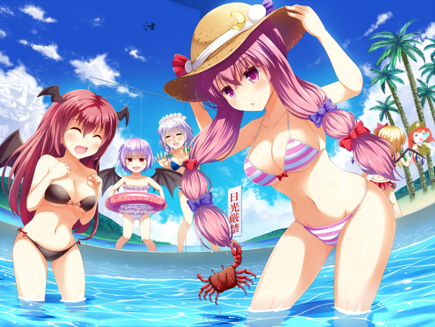 4girls, alternate_costume, alternate_hairstyle, bat_wings, bikini, black_bikini, blonde_hair, blood