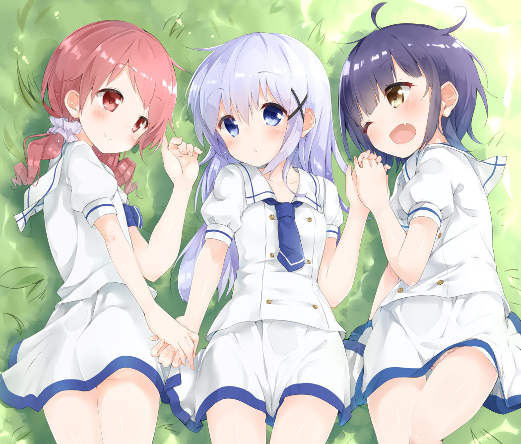 3girls, black_hair, blue_eyes, blue_hair, buttons, fang, gochuumon_wa_usagi_desuka?, grass, hair_ornament, hairclip, holding_hands, joukawa_maya, kafuu_chino, long_hair, low_twintails, lying, miniskirt, multiple_girls, natsu_megumi, necktie, open_mouth, outdoors, pink_eyes, pink_hair, sailor_collar, school_uniform, scrunchie, serafuku, shiina_2265, short_hair, skirt, smile, twintails, uniform, yellow_eyes