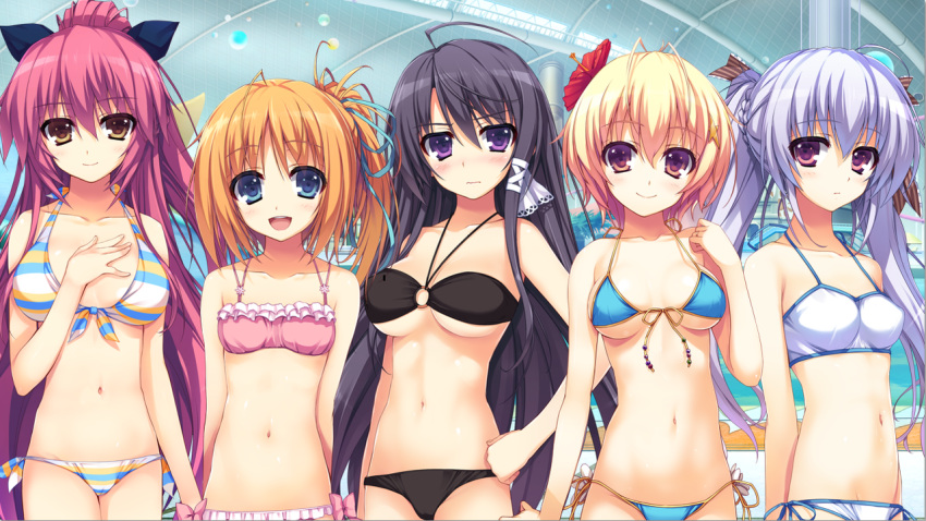 5girls, akusera, bikini, black_hair, blonde_hair, blue_eyes, green_eyes, kizuna