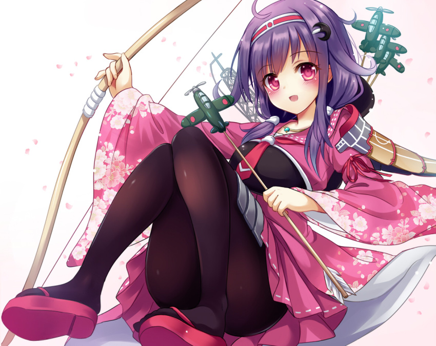 1girl, ahoge, arrow, black_legwear, blush, bow_(weapon), flight_deck, hair_ornament
