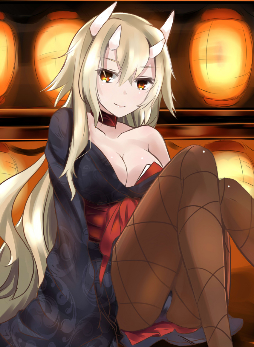 1girl, absurdres, alternate_legwear, ayakashi_onmyouroku, bare_shoulders, blonde_hair, breasts, cleavage