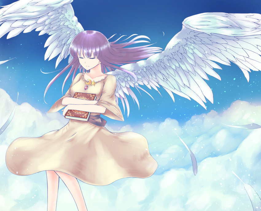 1girl, above_clouds, alternate_costume, bird_wings, blue_sky, book, book_hug, brooch