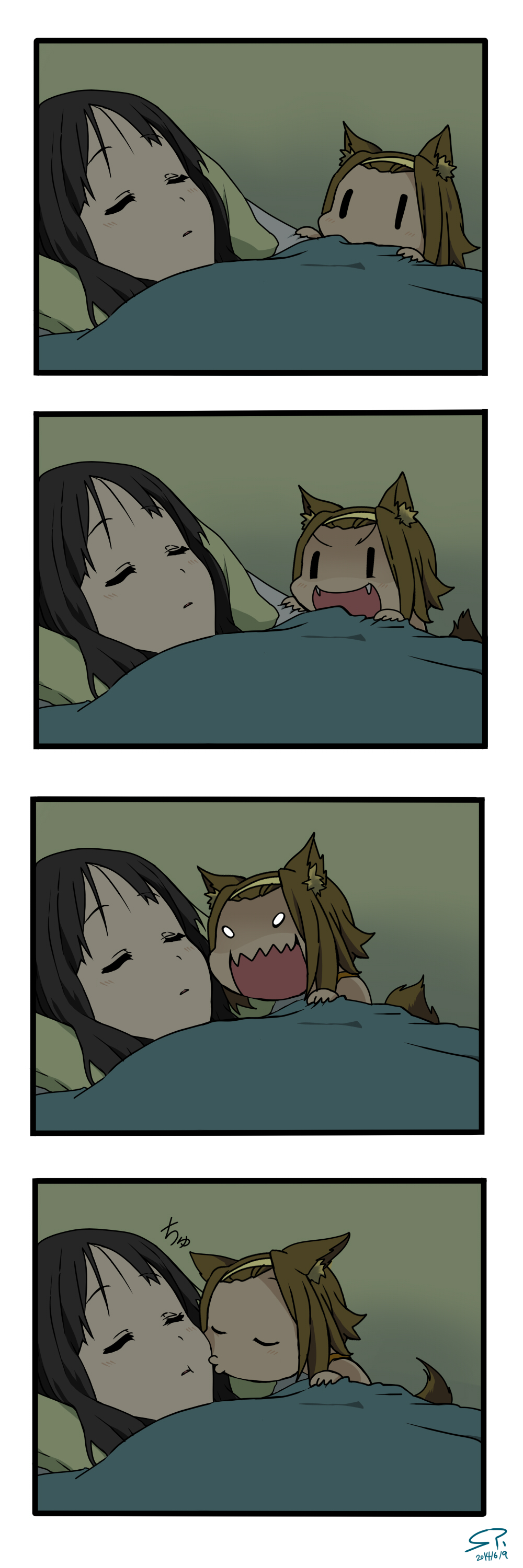 4koma, absurdres, akiyama_mio, animal_ears, closed_eyes, comic, fangs, highres