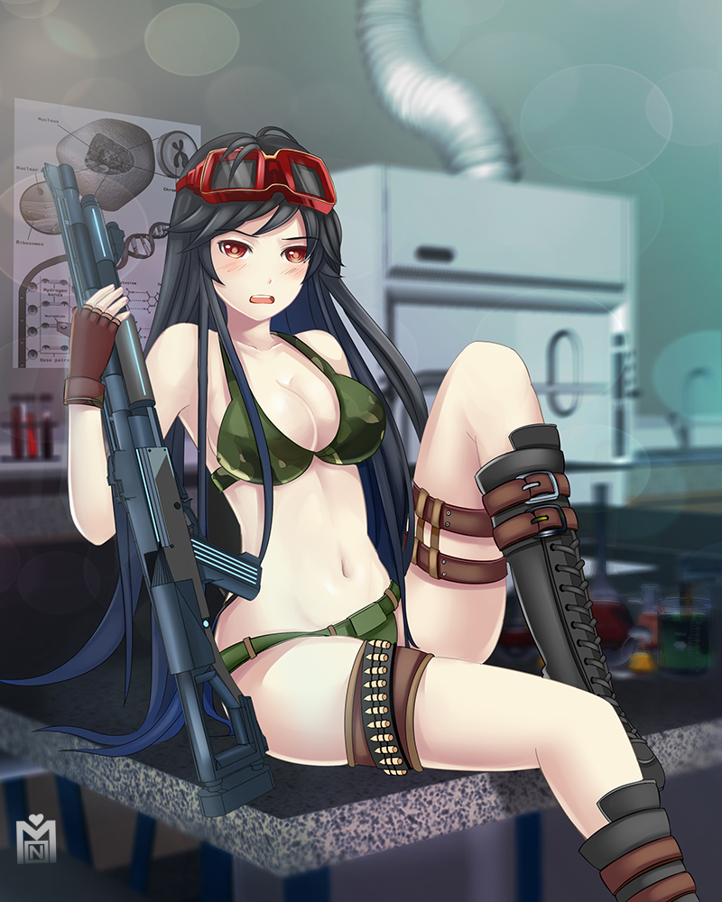 belt_buckle, black_hair, boots, breasts, camouflage, cleavage, cross-laced_footwear, dna_strand