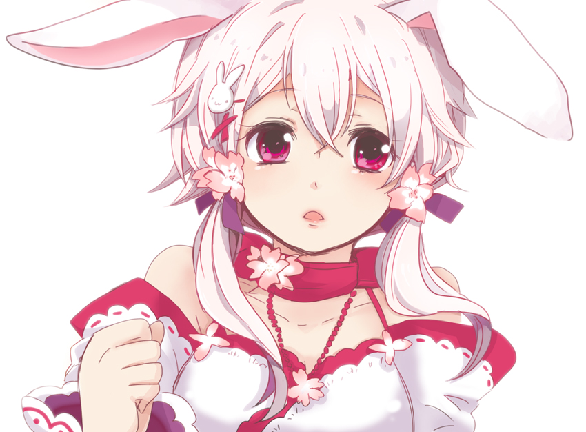 1girl, :<, :3, agechi, animal_ears, ayakashi_onmyouroku, bare_shoulders, bow, bunny_girl, bust, cherry_blossoms, choker, clenched_hand, collarbone, flower, hair_flower, hair_ornament, hairclip, hare_of_inaba, hare_of_inaba_(ayakashi_onmyouroku), hare_of_inaba_(character), jewelry, lips, necklace, open_mouth, pink_eyes, rabbit_ears, short_hair, simple_background, solo, twintails, white_background, white_hair