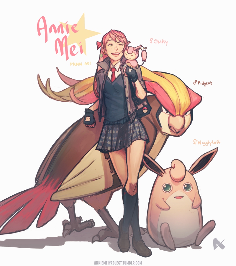 1girl, animal_on_shoulder, annie_mei, caleb_thomas, crossover, fingerless_gloves, gloves, green_eyes