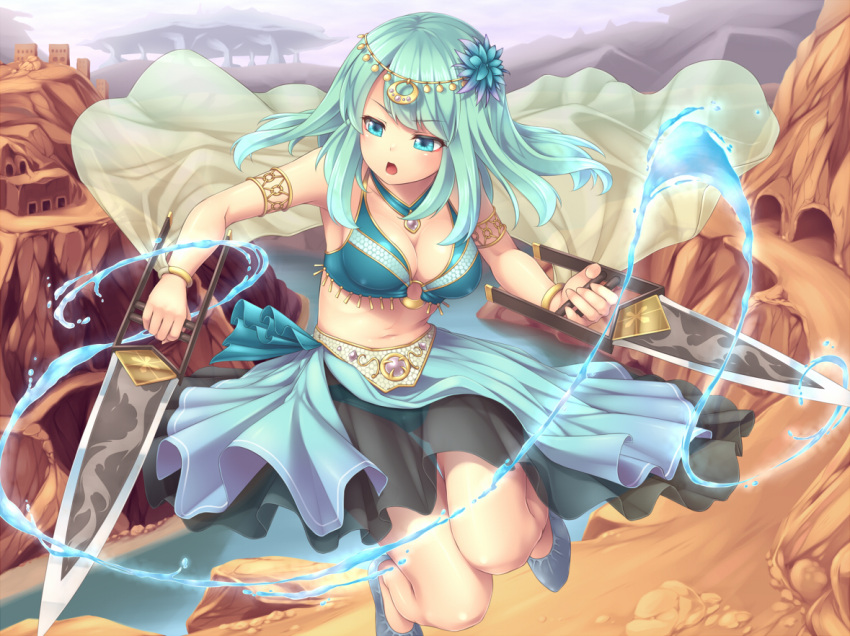 1girl, aqua_eyes, bikini_top, blade, breasts, cleavage, dagger, flower