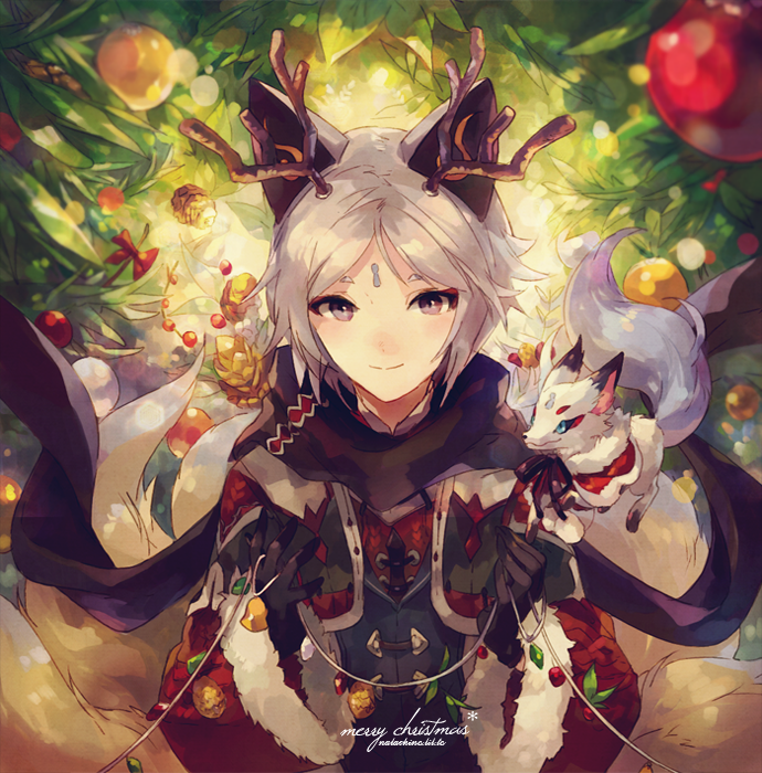 androgynous, animal, animal_ears, antlers, ayakashi_onmyouroku, black_gloves, blue_eyes, bow