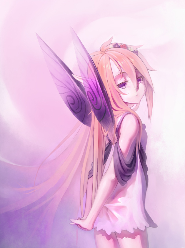 1girl, arms_behind_back, ayakashi_onmyouroku, bare_shoulders, dress, ecens, expressionless, fairy