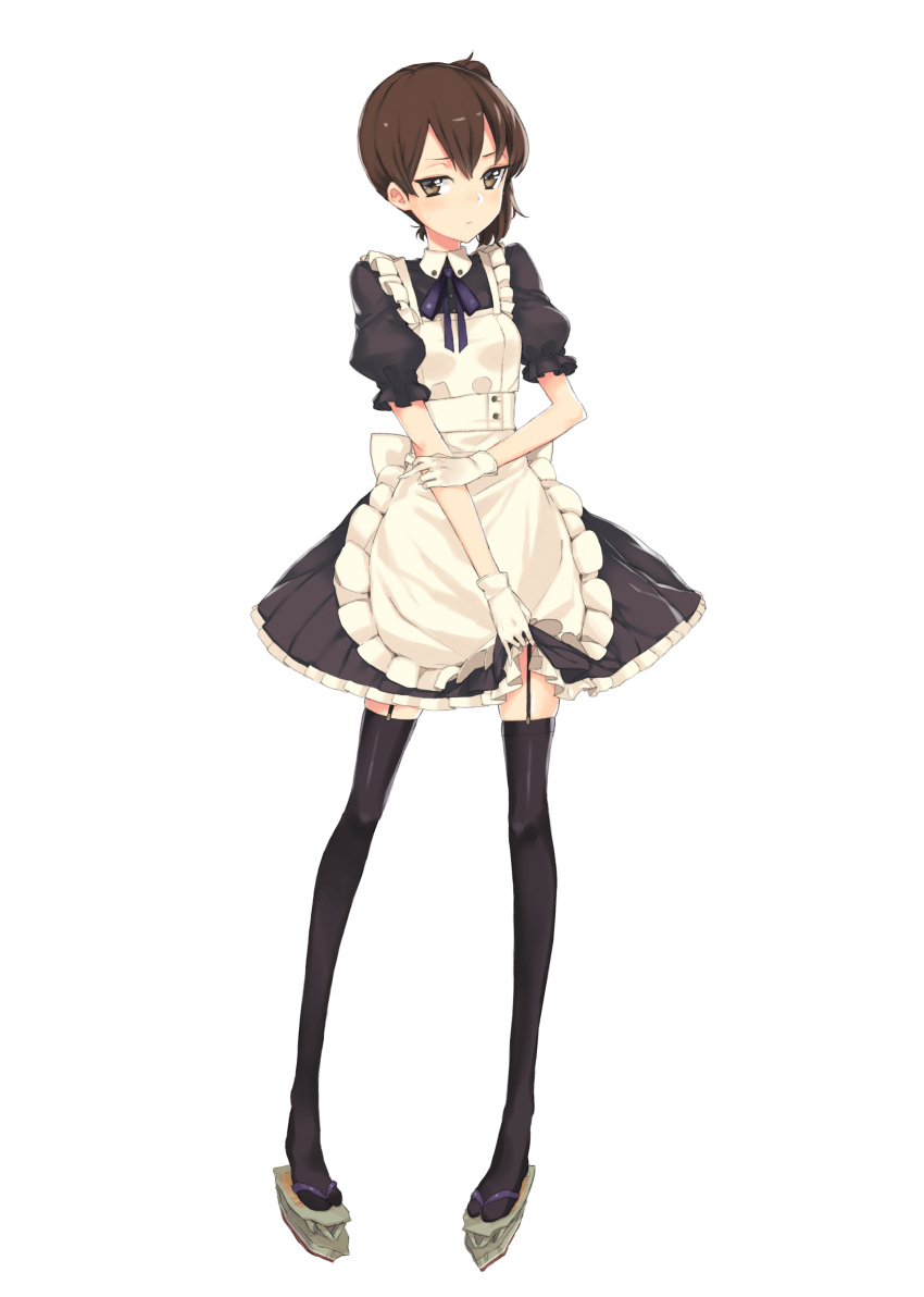 1girl, absurdres, apron, asymmetrical_hair, blush, brown_hair, frills, full_body, garter_straps, gloves, highres, kaga_(kantai_collection), kantai_collection, koto_(kotocotton), looking_at_viewer, maid, short_hair, side_ponytail, solo, thigh-highs