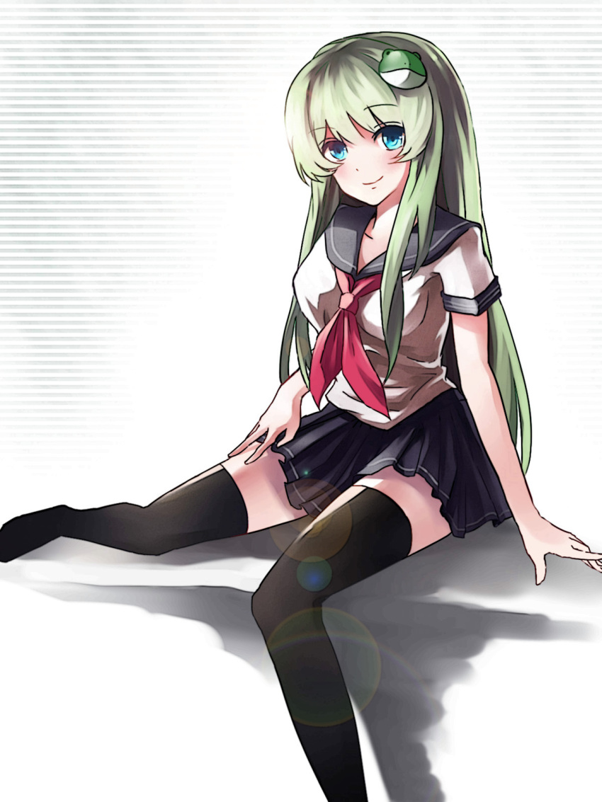 1girl, alternate_costume, black_legwear, blue_eyes, breasts, frog_hair_ornament, green_hair, hair_ornament